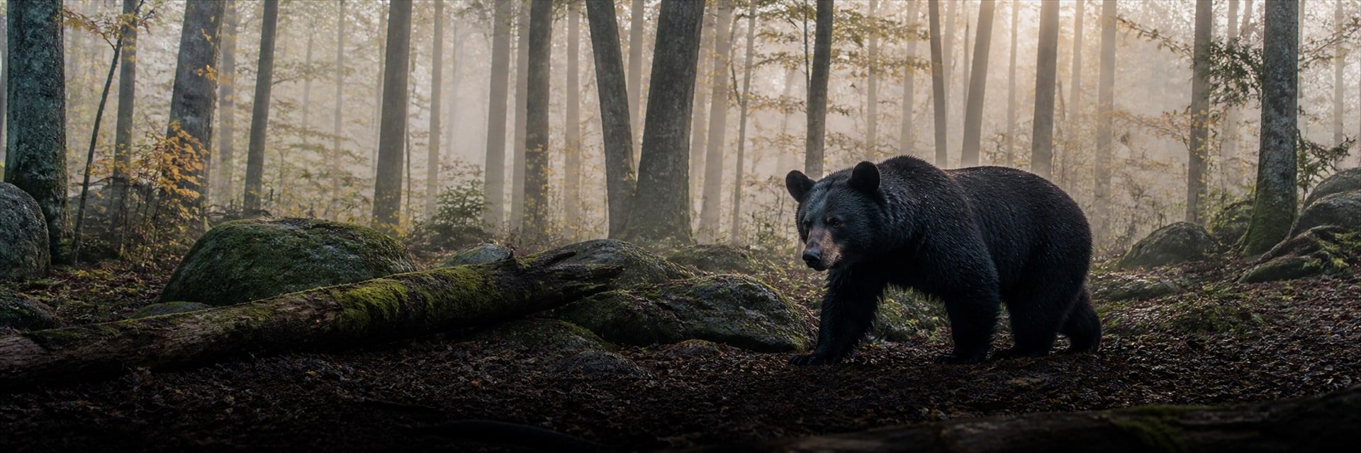 An American black bear moves through a misty Appalachian hardwood forest at first light, wet dark fur catching a faint rim light among moss-covered logs and amber leaves.