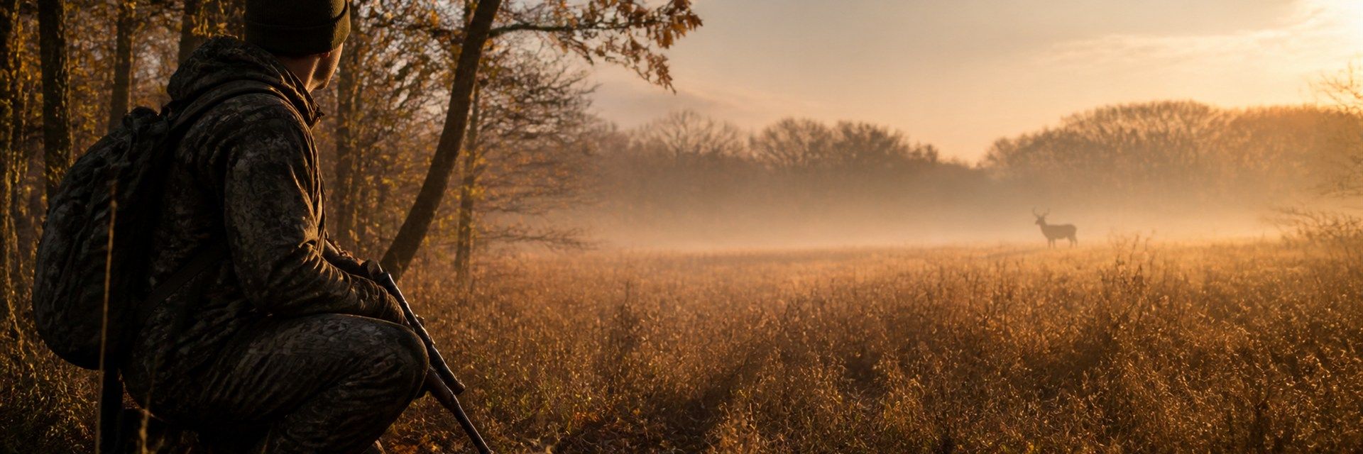 A camouflaged hunter kneels at the edge of an autumn hardwood stand at dawn, watching a distant whitetail buck standing in mist over an amber field.
