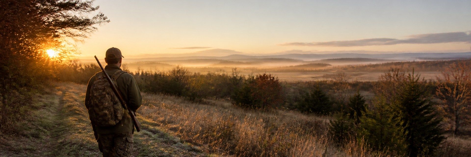 A lone hunter walks a mown track at sunrise with a rifle slung over one shoulder, looking out across a misty valley of woodland and grassland.