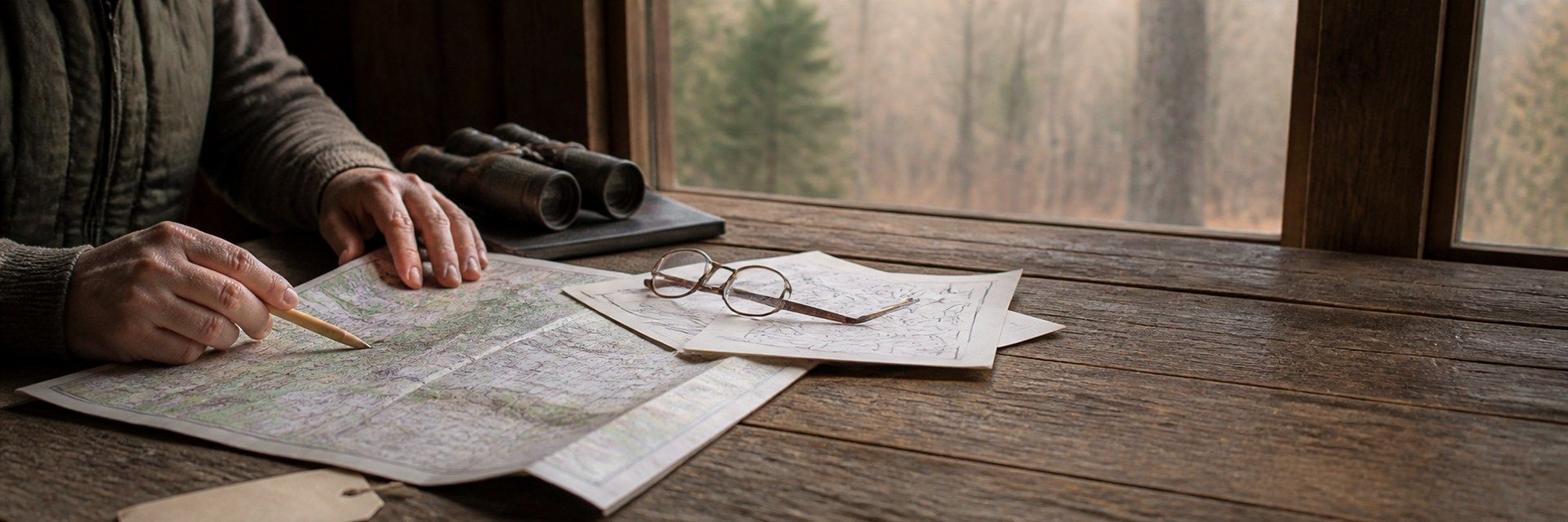 Hands spread a folded hunting map across a rustic cabin table beside a window, with binoculars, reading glasses and paperwork alongside.