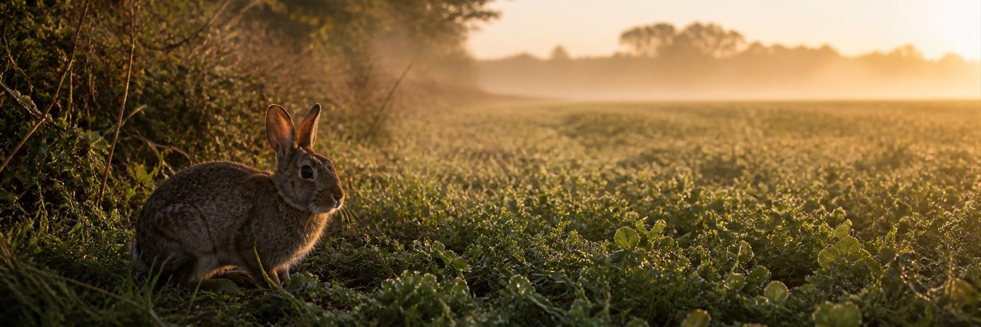 An eastern cottontail sits alert at the edge of a dew-covered clover field just after sunrise, backlit by soft mist over open farmland.