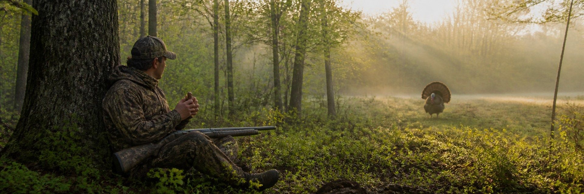 A hunter sits against a large oak in spring hardwoods working a turkey call, shotgun resting across his knees, while a wild tom struts in a sunlit misty clearing.